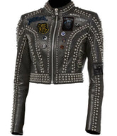 Women’s Gothic Party Jacket – Specimen Batastrophe, Rob Zombie & Misfits Patches, Steampunk Studded Leather Moto Fit